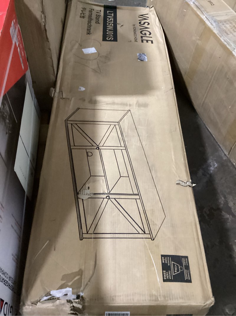 Condition photo showing Good Condition for VASAGLE Farmhouse TV Stand for TVs up to 65 Inches, Entertainment Center with Storage Cabinets and Sliding Barn Doors, Media Console Table for Living Room, Rustic White and Honey Brown ULTV535W01