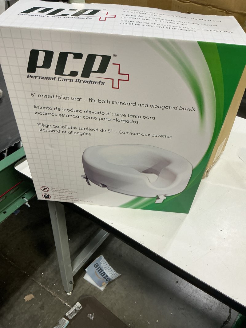 Condition photo showing New/Like New for pcp 5" elevated toilet seat, universal fit, tall profile rise height lift, tightening stability lock, portable bath safety commode support