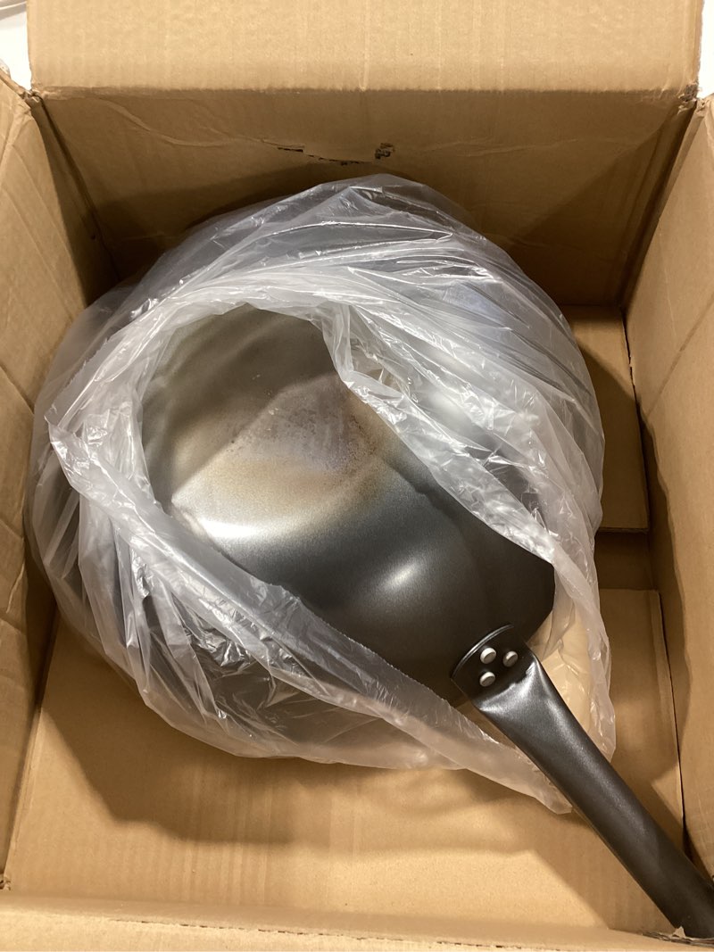 Condition photo showing As Is for 14" heavy duty carbon steel wok pan with flat bottom (single handle steel tube), hard anodized titanium non stick coating for commercial stovetop gas electric ceramic & induction