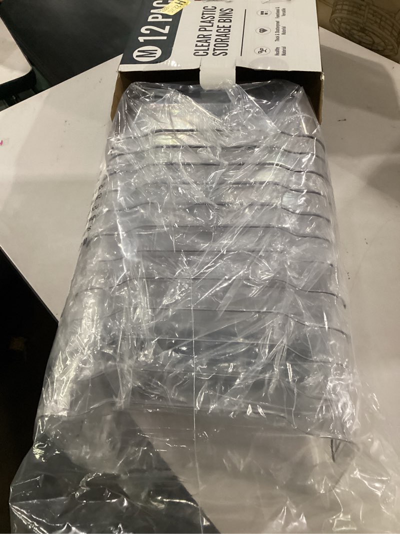 Condition photo showing Good Condition for 12 pack multiuse clear plastic storage bins for organizing w/ labels - home, kitchen, bathroom, office, pantry cabinet shelf organizer bins - soho collection, rv, fridge organization containers medium