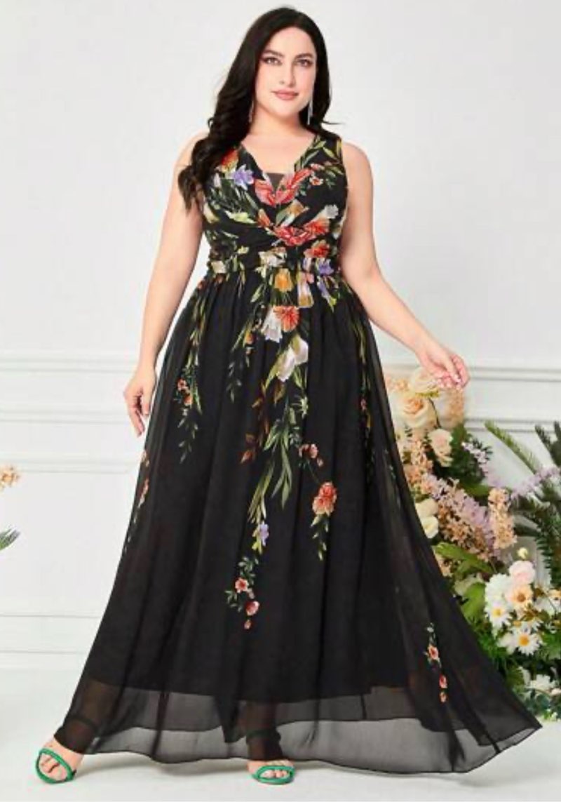 TOLEEN Women's Plus Size Dress V Neck Rose Embroidery Mesh Elegant Formal Maxi Dresses White- 4X-Large Plus Floral Print Chiffon Dress