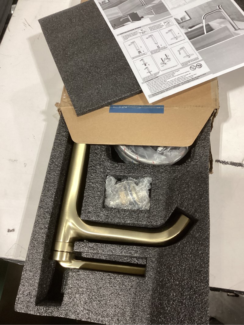 Condition photo showing Good Condition for Similar product Delta Nicoli Brushed Gold Bathroom Faucet 1 Hole, Single Hole Bathroom Sink Faucet for Vanity, Push-Pop Drain Assembly, Champagne Bronze 15749LF-CZ Champagne Bronze Standard Spout