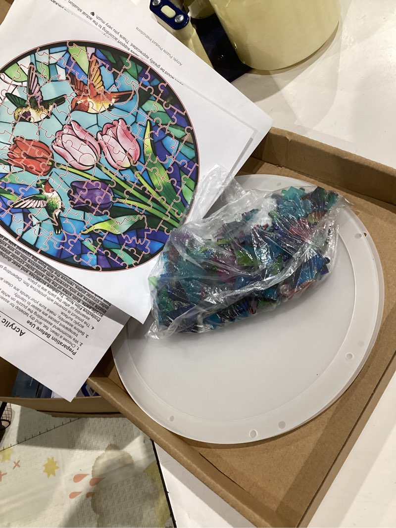 Condition photo showing Good Condition for acrylic jigsaw puzzle suncatcher, 8.6inch flowers and hummingbird pattern, acrylic puzzles suncatcher window hanging, window&garden decor,colorful hanging light catcher decor