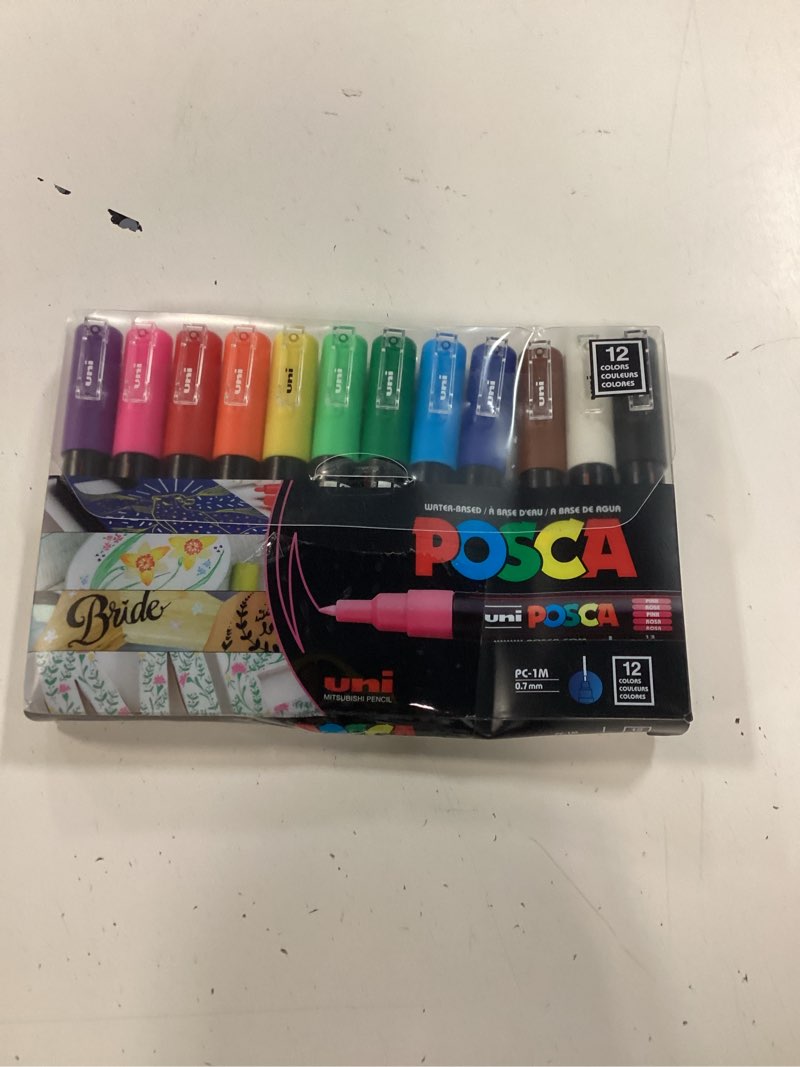Condition photo showing Good Condition for uni posca acrylic paint art markers, set of 12 extra fine point thin paint pens for coloring gifts, fabric, metal, glass, rocks, wood and canvas, assorted colors, pc1m12c