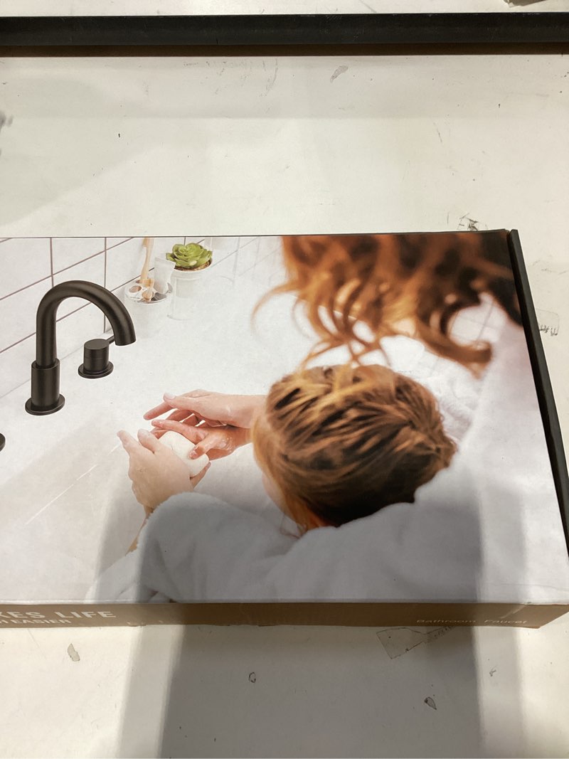 Condition photo showing New/Like New for FORIOUS Black Bathroom Faucet 3 Hole, 8 Inch Matte Black Bathroom Sink Faucet Widespread with 360° Swivel Spout, Suitable for 6-12 Inch Vanity Sink, with Pop-up Drain and cUPC Supply Line Modern Matte Black