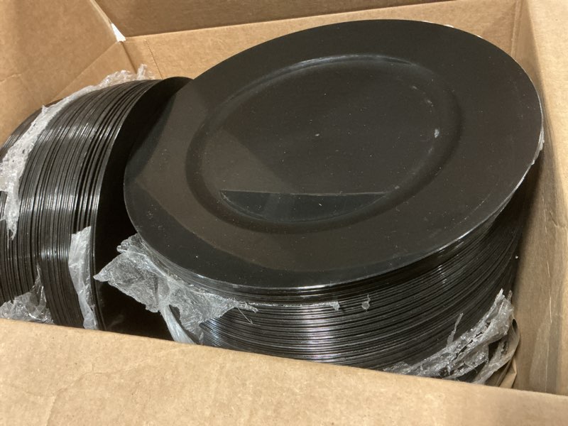 Condition photo showing As Is for 13'' charger plates black plastic heavy duty disposable dinner chargers serveware dishes platters tableware pack of 12 12 black