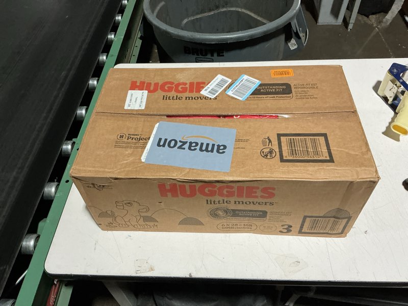 Condition photo showing New/Like New for huggies size 3 diapers, little movers baby diapers, size 3 (16-28 lbs), 168 count (6 packs of 28), packaging may vary