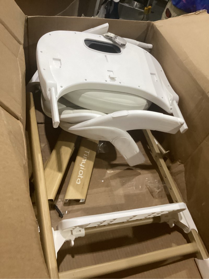 Condition photo showing Good Condition for tinyiota high chair for babies and toddlers, 8-level adjustable foldable convertible baby highchair with removable tray, ergonomic feeding chair transitions from infant to adult, wood-look metal white color
