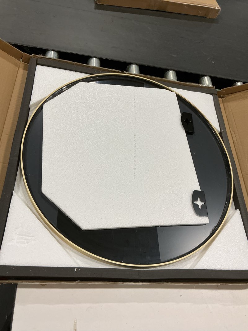 Condition photo showing As Is for 24 Inch Round Mirror - Circle Mirrors for Bathroom, Entryway and Living Room Wall Decor, Modern Hanging Vanity Mirror, Matte Gold Circle Decorative Wall Mirror Round-gold 24"L x 24"W