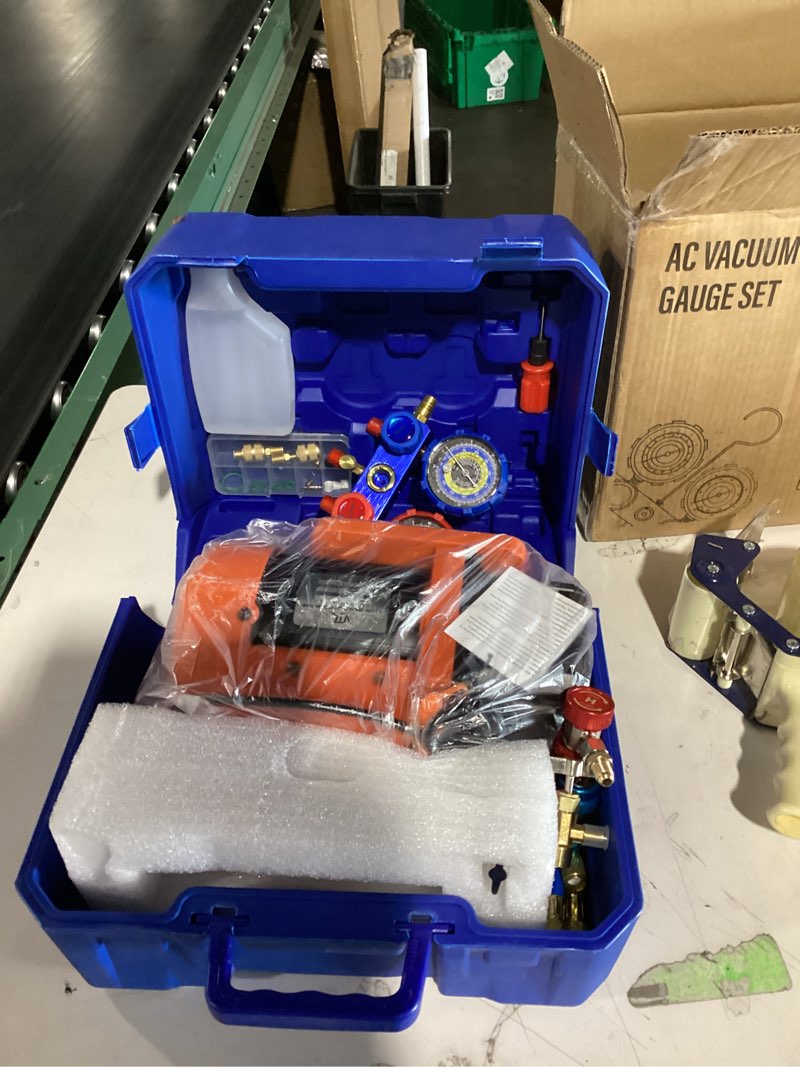 Condition photo showing New/Like New for 4.5 cfm ac vacuum pump and gauge set,for mini split,hvac,auto systems,manifold gauge kit compatible with r22, r32, r134a,r410a,includes 3 hoses,r134a can tap,upgraded trifold storage case 4.5 cfm &(r22, r32, r134a,r410a)