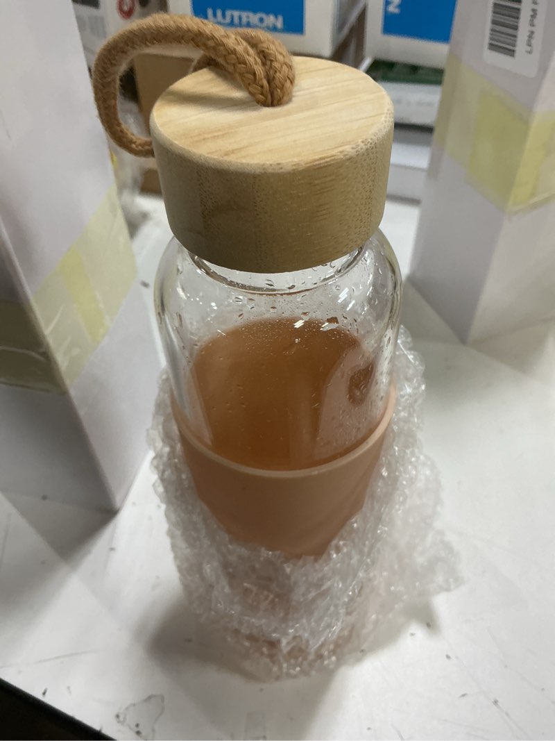 Condition photo showing As Is for 21oz Glass Water Bottle with Silicone Sleeve & Bamboo Lid, BPA Free Reusable Water Bottle Glass for Gym Office Travel, Gift for Fitness Enthusiasts (Pink+Black)