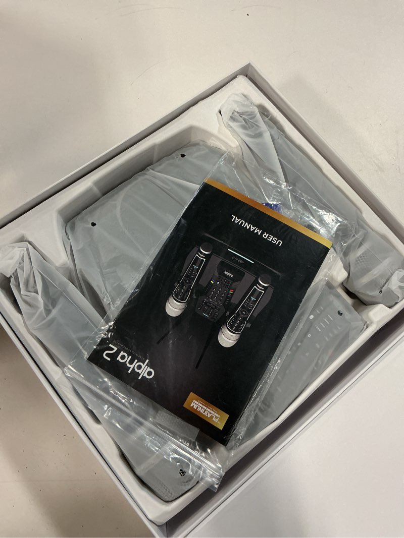 Condition photo showing New/Like New for the platinum karaoke system for adults features dual uhf metal wireless dynamic mic,supports 4k uhd movie playback,and comes preloaded with over 23k songs,7k filipino tagalog,4k hindi,and 12k english