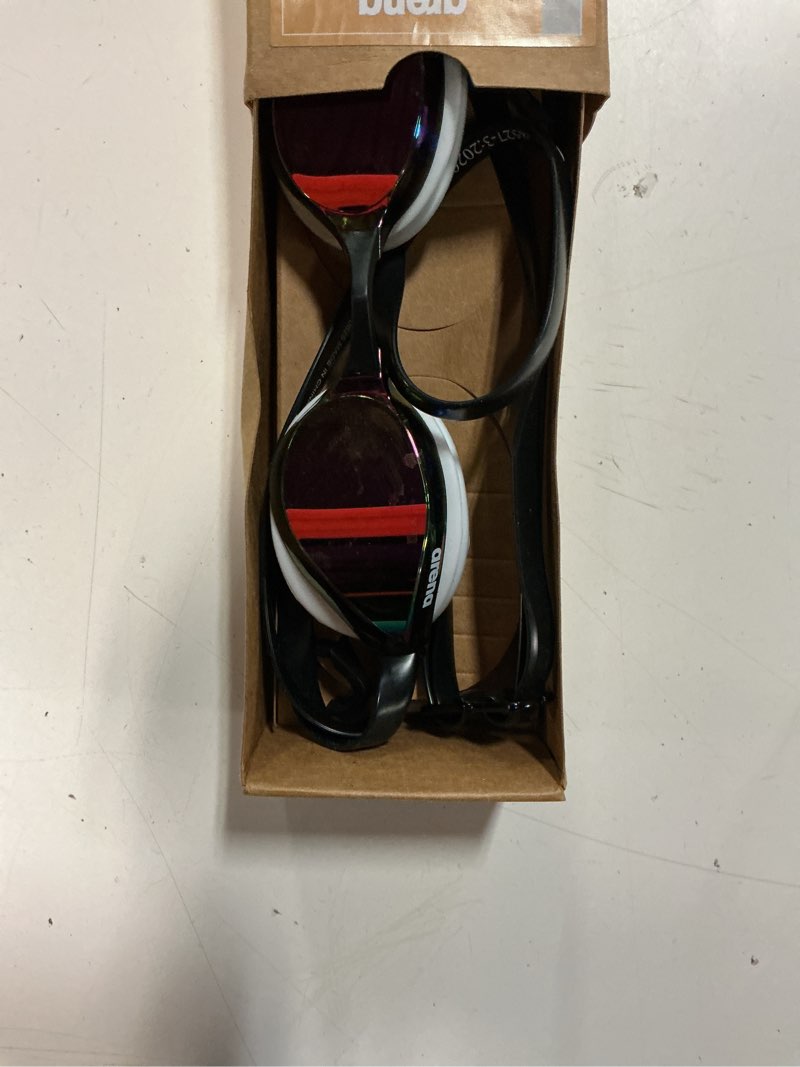 Condition photo showing As Is for arena unisex python racing swim goggles for men and women anti-fog no leak max comfort dual strap, mirror/non-mirror lens mirror lens copper/white