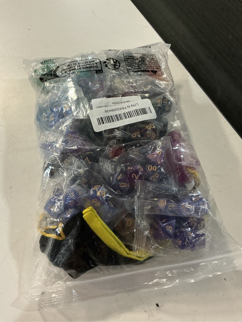 Condition photo showing New/Like New for ciaraq starry glitter polyhedral dice set with drawstring pouch | 26 acrylic dice sets – 182 pcs total, 7 per set (d4-d20). lightweight & durable. great for d&d & tabletop games. ages 14+. 26 colors - starry sky style