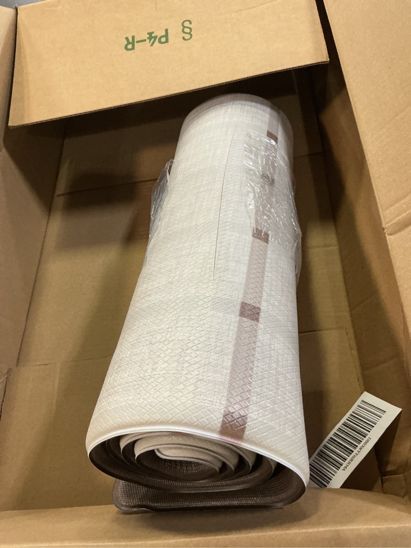 Condition photo showing As Is for town & country basics comfort plus windowpane plaid anti fatigue comfort mat, kitchen runner mat, standing desk mat, dorm room rug, non-slip backing, beige, 18"x55" beige 55"l x 18"w x 0.5"th