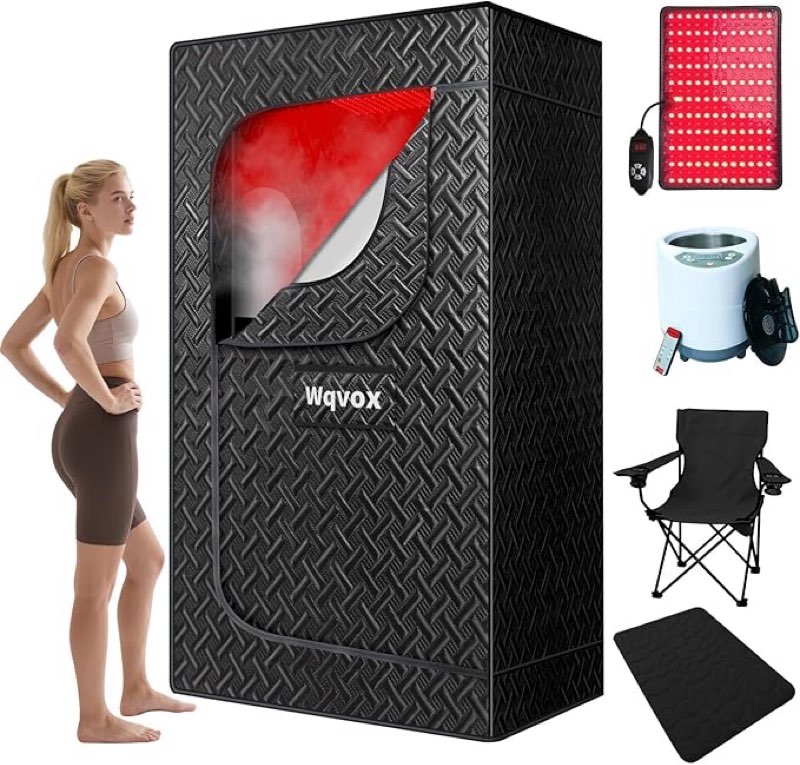 Portable Infrared Sauna for Home, Indoor Sauna Infrared with Red Light Therapy, Includes 660 & 850nm Red Light Therapy Lamp, 3L Steamer, Upgraded Chair and Mat, 72'x 36'x 36', Black