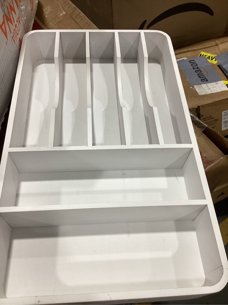 Condition photo showing Good Condition for kitchenedge silverware organizer - cutlery, flatware, and utensil holder for kitchen drawers, fixed 10.5” width, 7 storage compartments, non-slip feet, rounded corners, 100% bamboo, white finish white bamboo