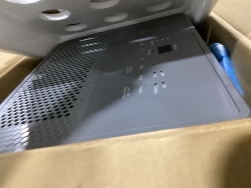 Condition photo showing As Is for ge 50-pint dehumidifier with built-in pump for basement, garage or wet rooms up to 4500 sq. ft. in grey, energy star