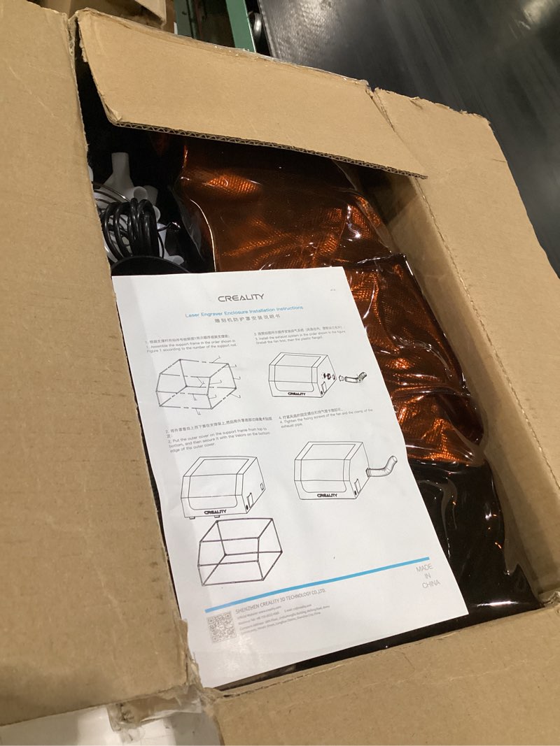 Condition photo showing Good Condition for creality laser engraver enclosure, fireproof and dustproof protective cover 700x720x400mm with exhaust fan and pipe, fits for most laser cutter, insulates against smoke, odor and noise, eye protection enclosure v1.0