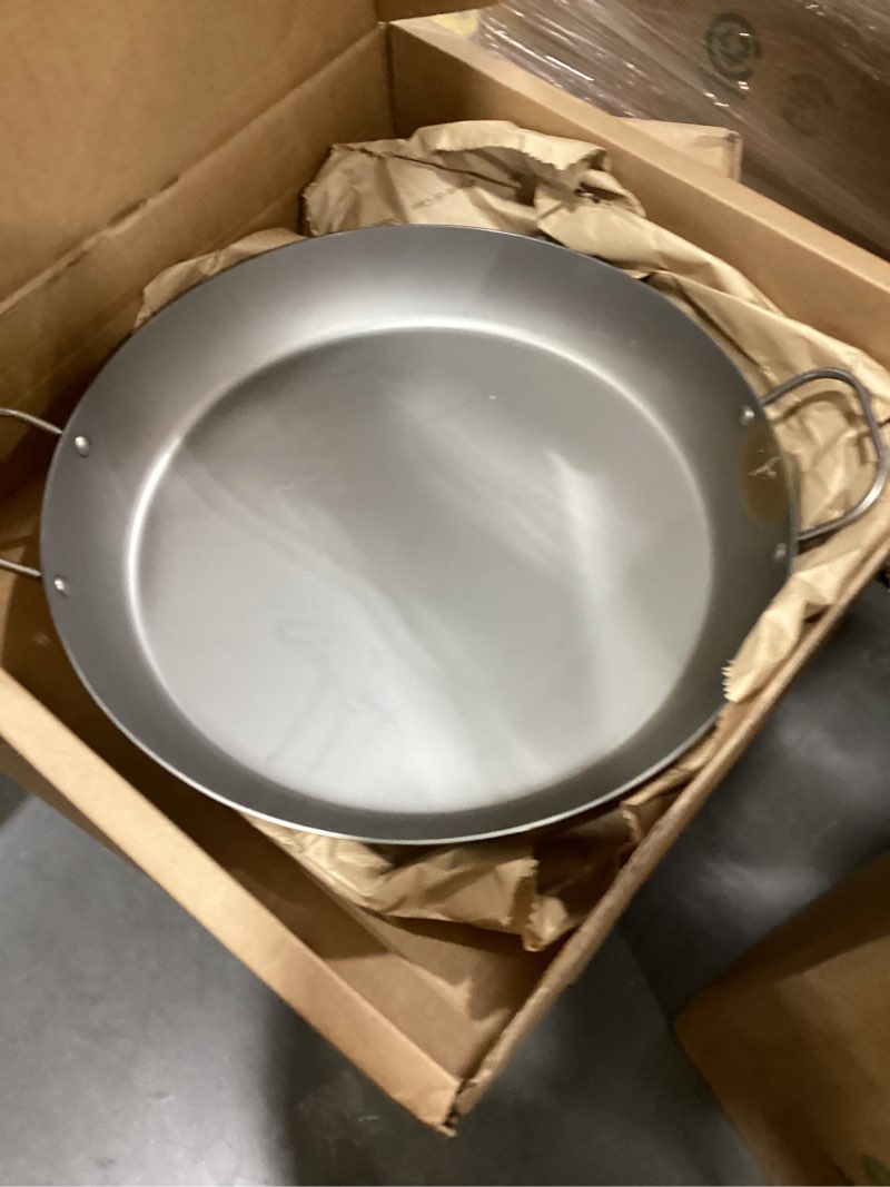 Condition photo showing As Is for mauviel m'steel black carbon natural nonstick paella pan with iron handle, 15.7-in, suitable for all cooking surfaces, made in france 15.75" (40cm)