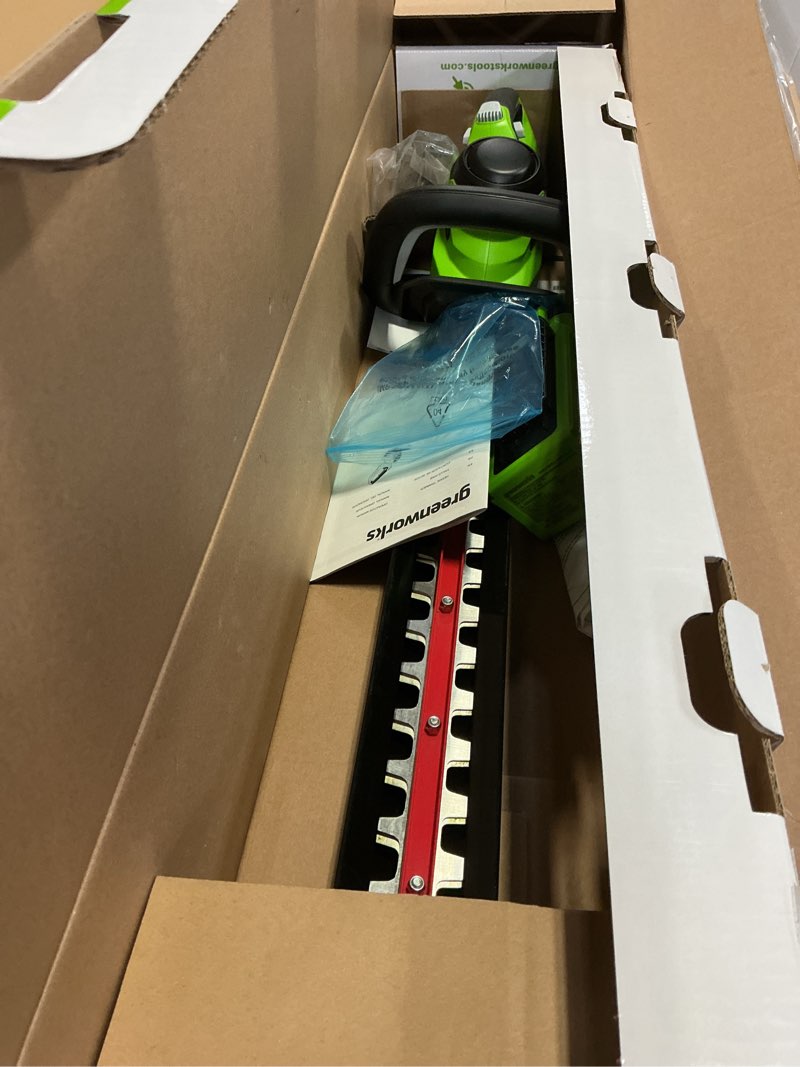 Condition photo showing As Is for Greenworks 40V 24" Cordless Hedge Trimmer (1" Cutting Capacity), 2.0Ah USB Battery and Charger Included