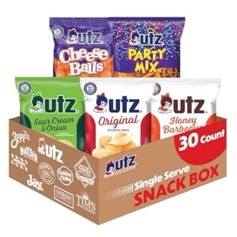 Utz Best Of Utz 30 Count Snack Box Variety Pack Of Classic Favorites Original Potato Chips, Honey BBQ, Cheese Balls, Sour Cream & Onion, And Party Mix Single Serve Bags