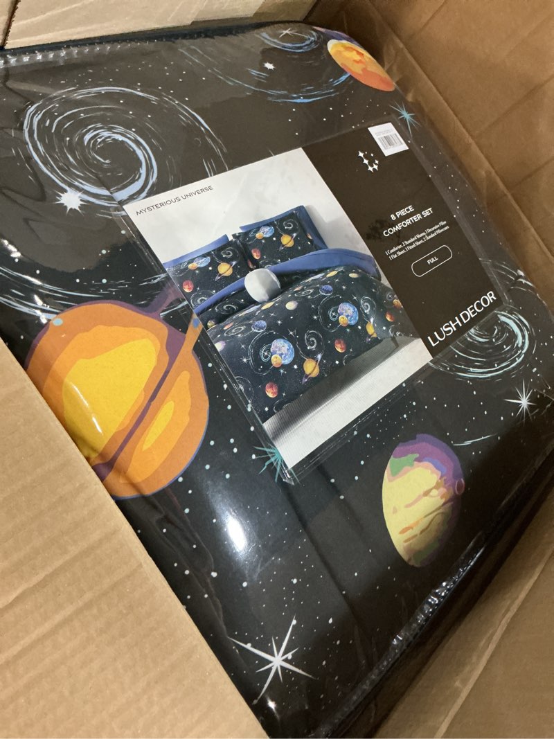 Condition photo showing Good Condition for lush decor mysterious universe? comforter 8 piece set full black navy - kids galaxy bedding set - full sheet set with comforter - outer space themed bedding full black/navy