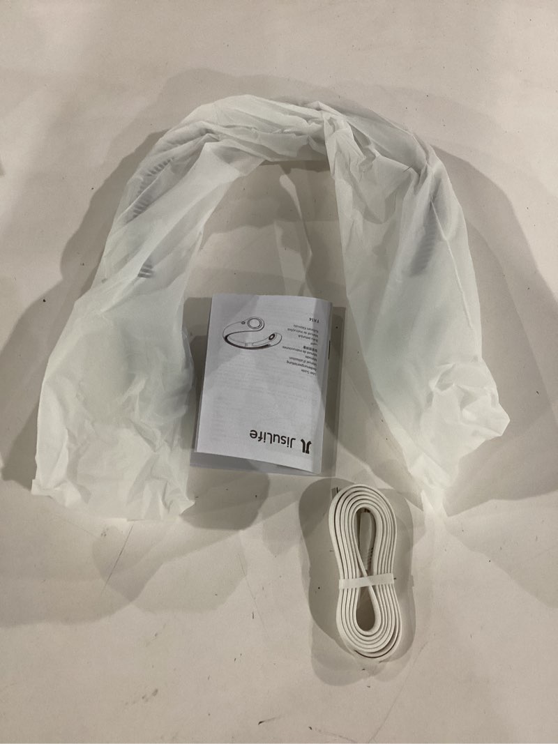 Condition photo showing Good Condition for not tested**** jisulife portable neck fan, hands-free bladeless, 5 speeds, 4000 mah battery operated wearable personal fan, twistable, rechargeable, gift for women men-grey