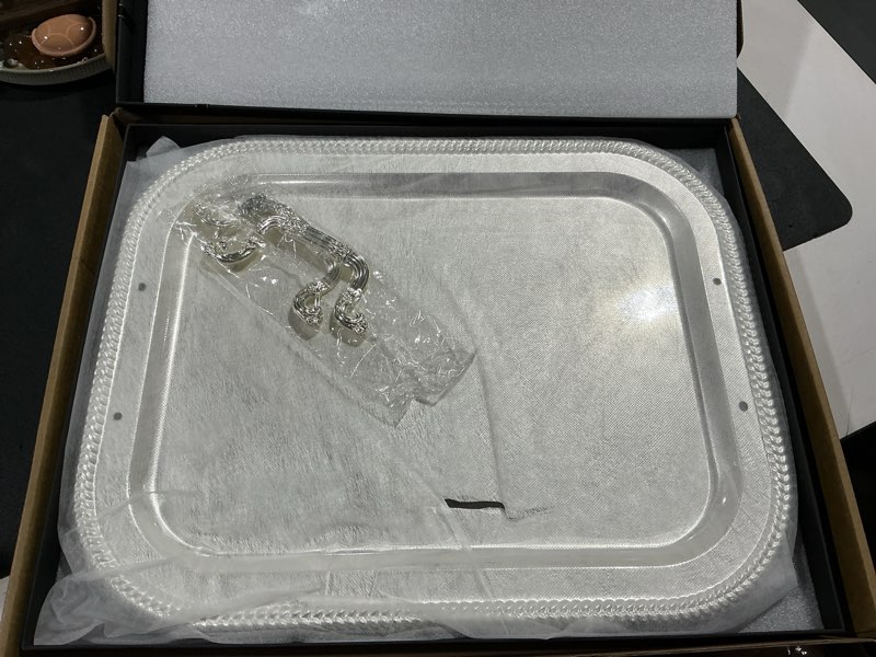 Condition photo showing Good Condition for 18.5"x14.5" rectangular silver serving tray with handles, beautiful mirror polished finish, lightweight classic metallic decorative silverplate tray for wedding anniversary birthday holiday gatherings