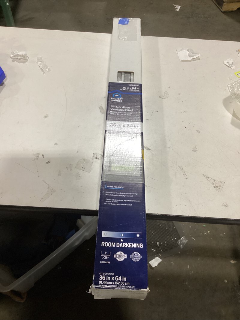 Condition photo showing As Is for Project Source Room Darkening 1-in Slat Width 36-in x 64-in Cordless White Vinyl Room Darkening Mini-blinds Item #889895 | Model #42861