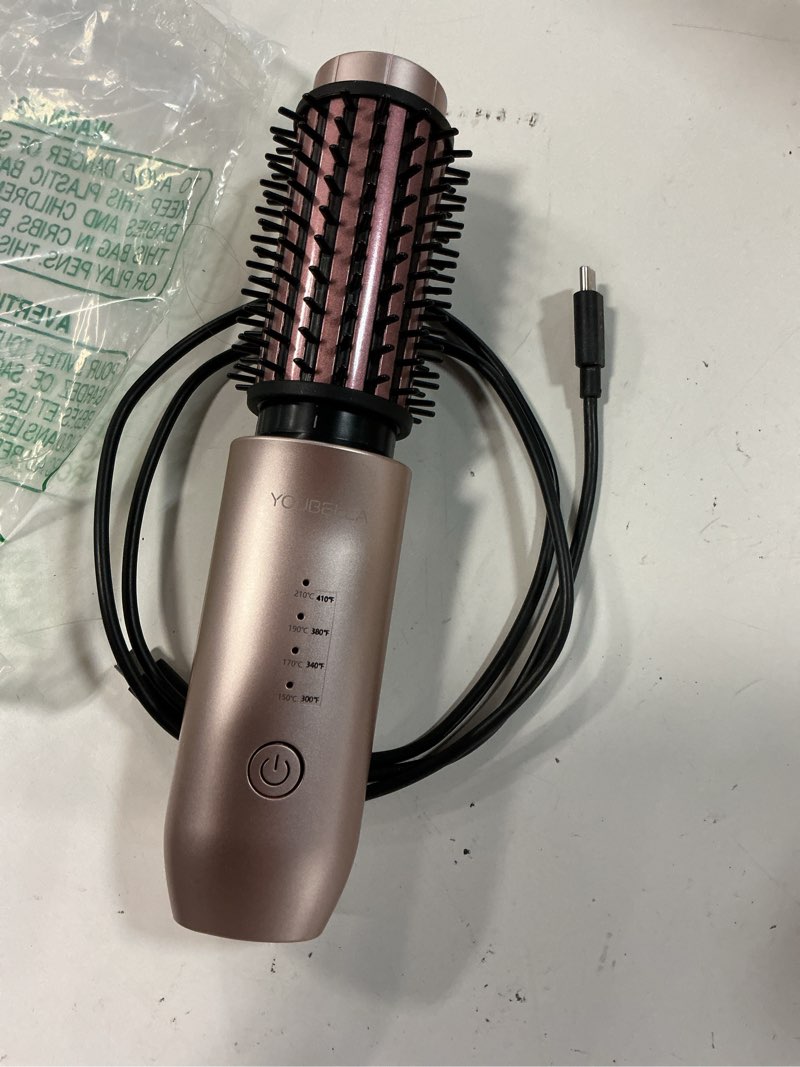 Condition photo showing As Is for youbella cordless hair curling iron brush, mini travel hot straightener comb, 3-in-1 portable wave curling wand, 1.5? ionic heated brush, usb rechargeable hair curler (pink)
