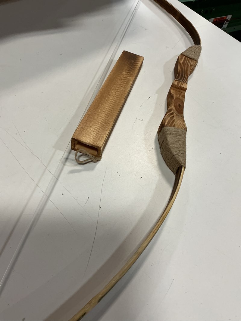 Condition photo showing Good Condition for Youth Wooden Bow and Arrow Set, 40 Inch Handmade Wooden Bow and Arrow Cosplay Costume Prop Archery Set Games Toys, 1 Bows 1 Quivers and 3 Feather Arrows, Gifts for Kids Youth Boys and Girl