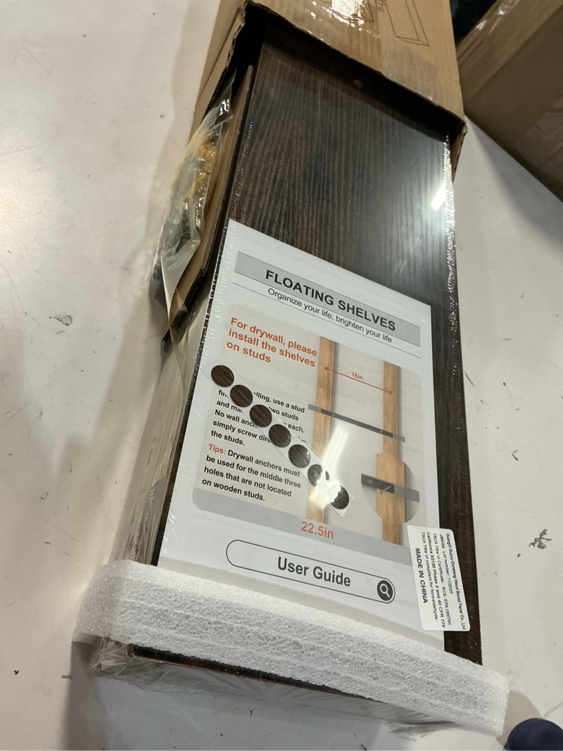 Condition photo showing New/Like New for bayka floating shelves for wall, 22.5 inch rustic wood wall mounted shelving for bathroom, bedroom, living room, kitchen & book, hanging display decor shelf with 22 lbs (rustic brown,set of 3) b. rustic brown - americana farmhouse style 3 22.5inches