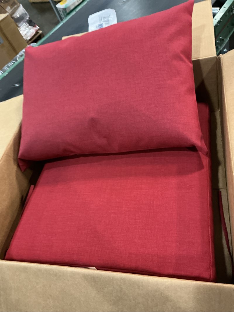 Condition photo showing Good Condition for ARDEN Outdoor Dining Chair Cushion, 21 x 21, Rain-Proof, Fade Resistant 21 x 21, Ruby Red Leala 21 x 21 Dining Cushion Set Ruby Red Leala