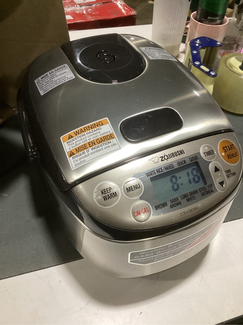 Condition photo showing As Is for zojirushi micom 3-cup compact size, multiple settings, stainless steel made, built-in retractable power cord and easy to transport rice cooker and warmer stainless black 3-cups (uncooked), rice cooker & warmer
