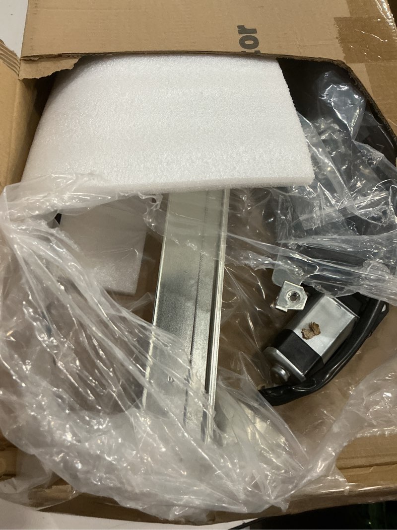 Condition photo showing As Is for front driver side power window regulator with motor for 2003-14 ford e150 e250, 1992-02 e150 e250 econoline club wagon, 03-05 e350 club wagon, 92-98 e350 econoline, 1999-14 e350 super duty, left