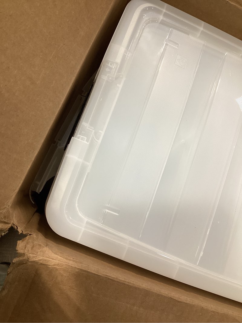 Condition photo showing As Is for iris usa 72 qt stackable plastic storage bins with lids, 6 pack - bpa-free, made in usa - see-through organizing solution, latches, durable nestable containers, secure pull handle - clear clear 72 qt 6 pack