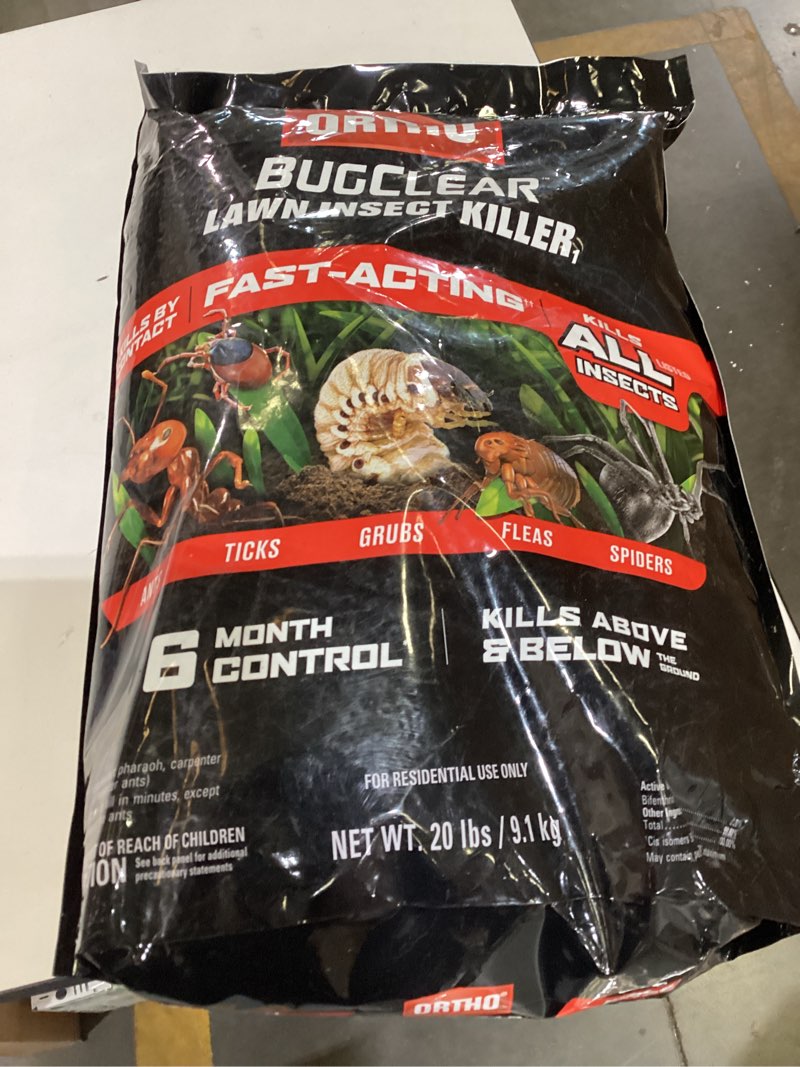 Condition photo showing As Is for ortho bugclear lawn insect killer1: treats up to 33,000 sq. ft., protect your yard & garden against ants, spiders, ticks, armyworms, fleas & grubs, 20 lbs.