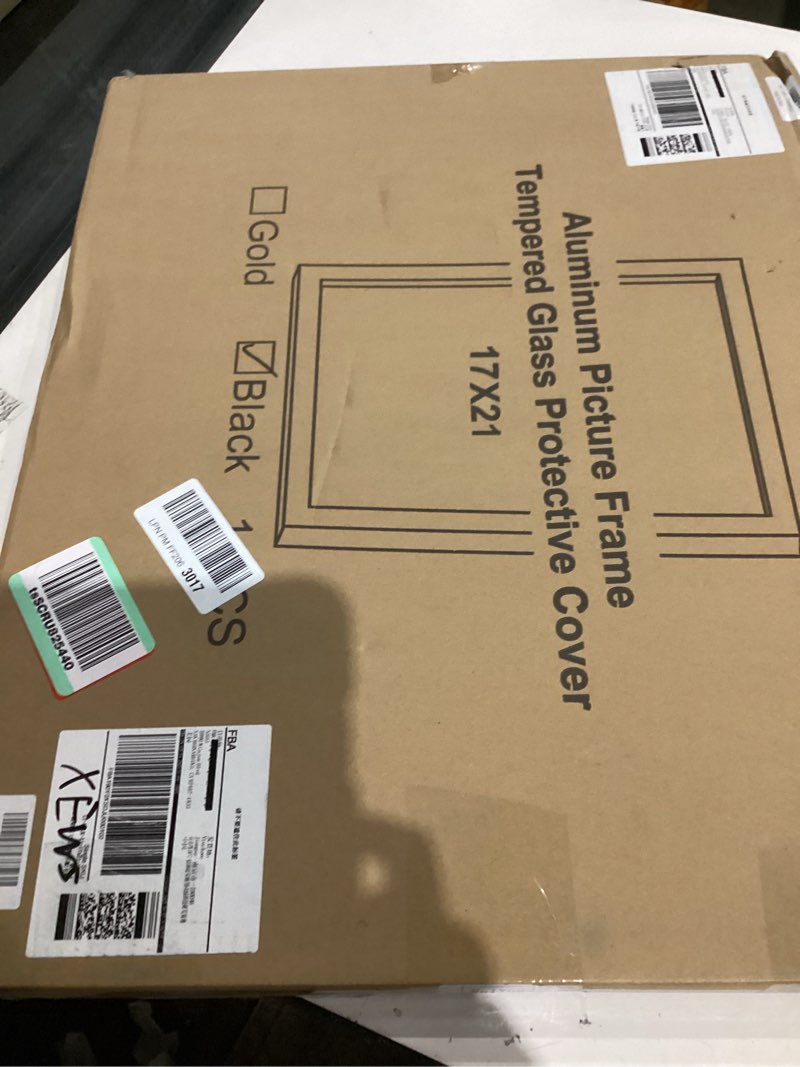 Condition photo showing As Is for Vivelove 17x21 Metal Picture Frame, Black Aluminum Picture Frames with Tempered Glass, Wall Mounting Horizontally or Vertically, for Hanging Diploma, Certificates and Decor for Wall-1Pack 17x21-1P Black