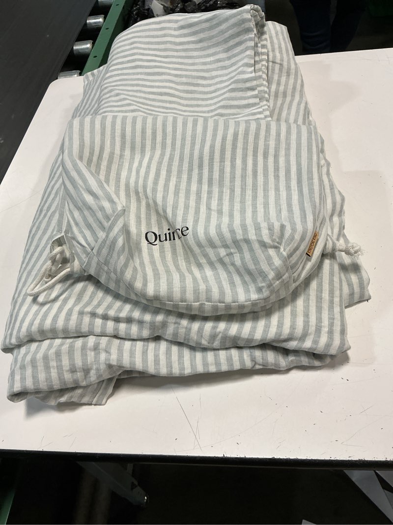 Condition photo showing As Is for quice european linen stripe mist/white duvet 3 pieces