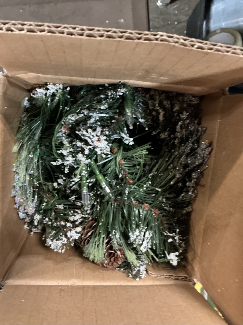 Condition photo showing As Is for National Tree Company 6 ft Pre-Lit Glittery Bristle Artificial Christmas Garland, Christmas Decoration with Pinecones, 50 Clear LED Lights, 138 Tips, Timer, Green