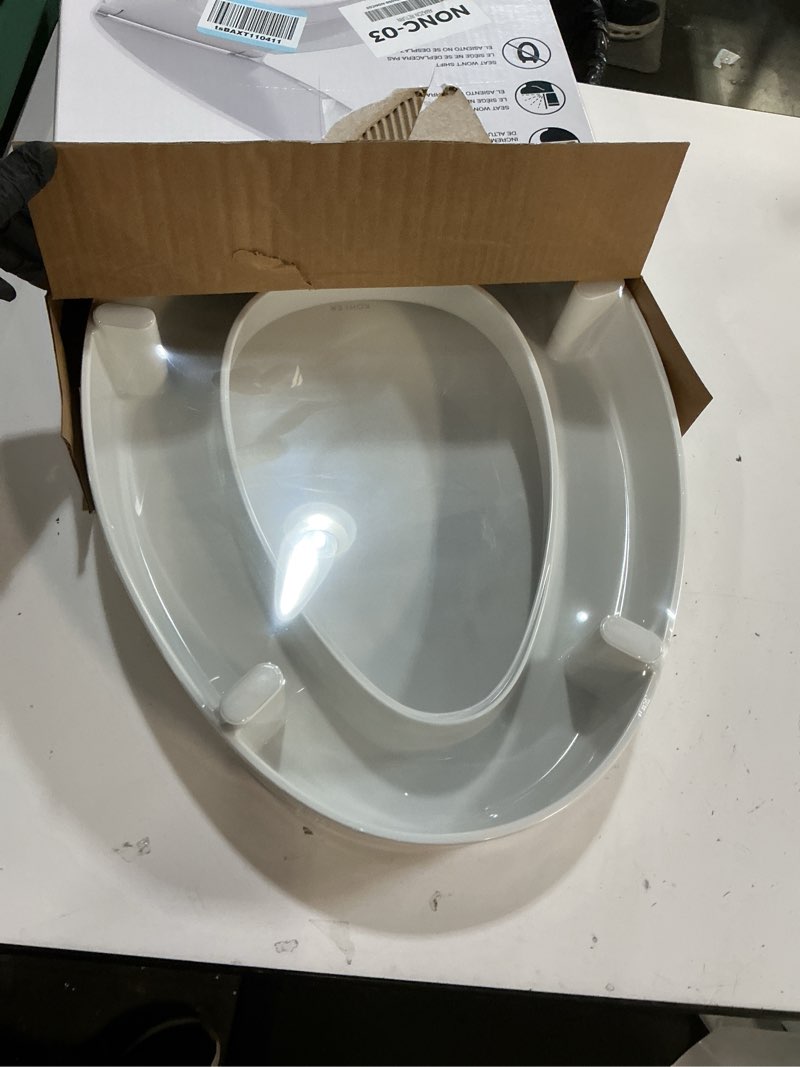 Condition photo showing New/Like New for kohler 25875-0 hyten 3" height, elevated soft close elongated toilet seat, contoured seat with grip-tight bumpers, quick-attach hardware, no slam toilet seat, white white elongated