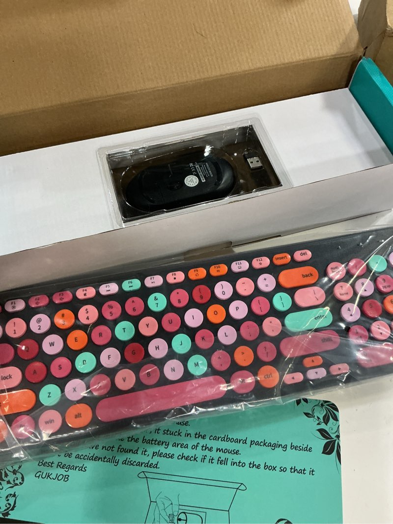 Condition photo showing Good Condition for wireless keyboard and mouse combo, retro typewriter keyboard with round keycaps, 2.4ghz usb cute wireless keyboard mouse for computer, desktop, laptop and computer (black-colorful)