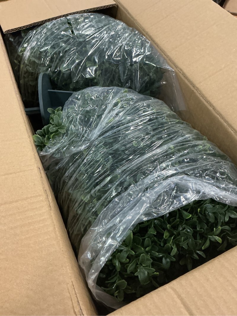 Condition photo showing Good Condition for Artificial Boxwood Ball Bush 27" Tree UV Resistance Rated with Spike. Easy to Push in The Ground.Plant Looks Great in a Planter Anywhere. Indoor/Outdoor Decor 2 Pack Boxwood Green 2