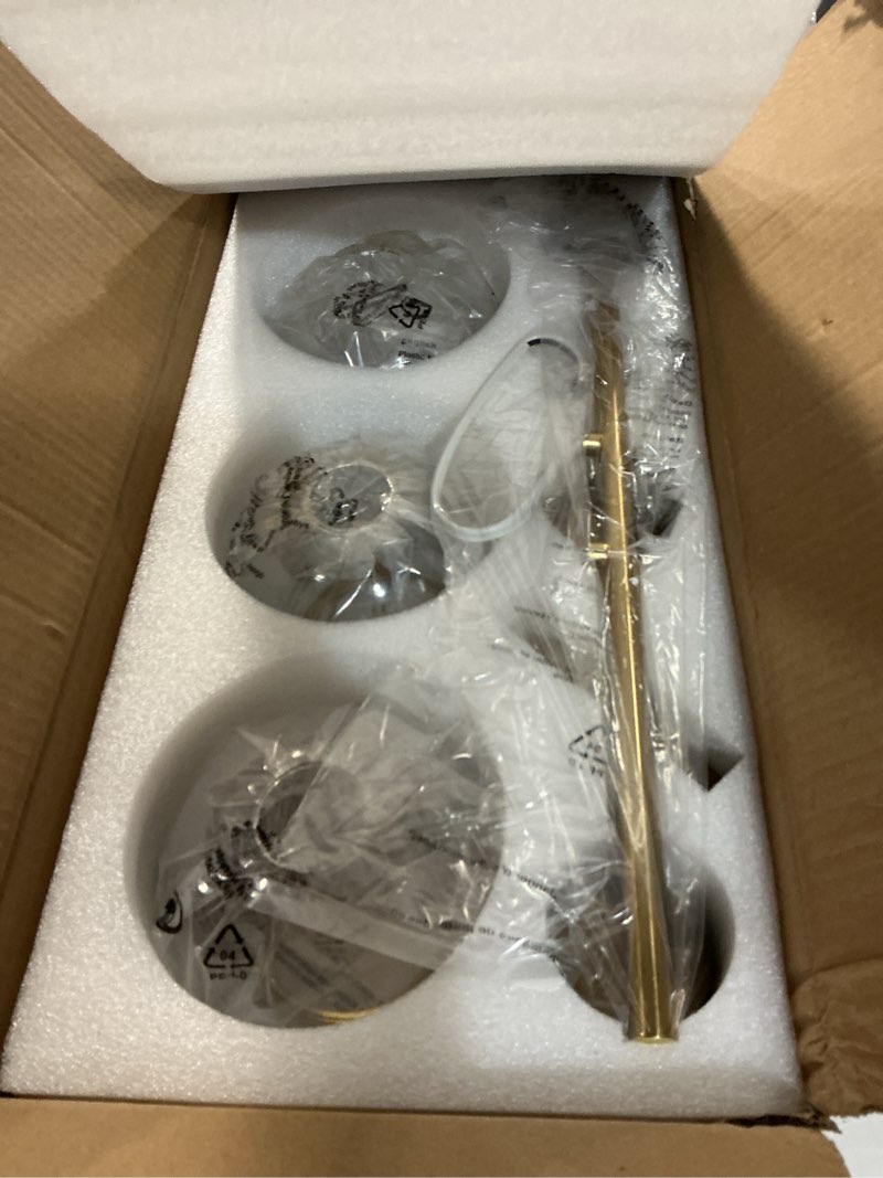 Condition photo showing Good Condition for Brushed Gold Bathroom Vanity Light Over Mirror, 3 Light Bathroom Light Fixtures with Clear Globe Glass Shade, Modern Vanity Lighting Wall Mounted Brushed Gold 3 Light