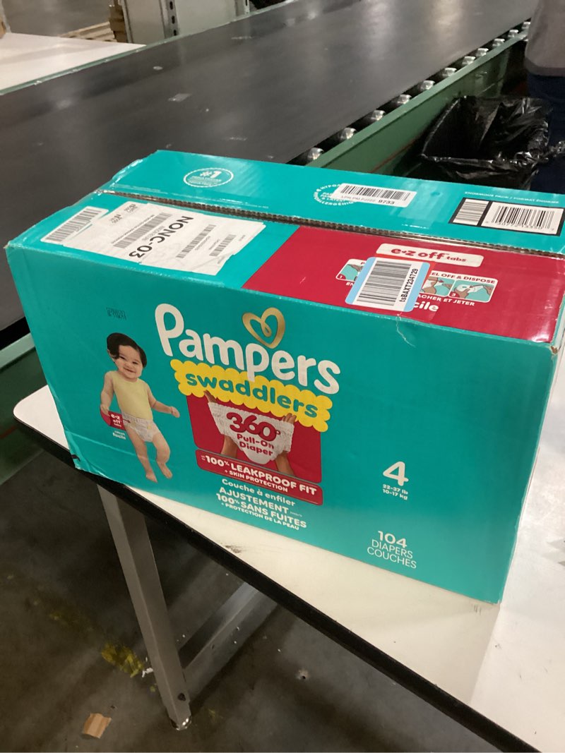 Condition photo showing New/Like New for Pampers Diapers - Swaddlers 360° - Size 4, 104 Count, up to 100% Leakproof Comfy Dry Fit, Designed for Easy Changes, Pull On Baby Diaper (Packaging May Vary) Size 4 104