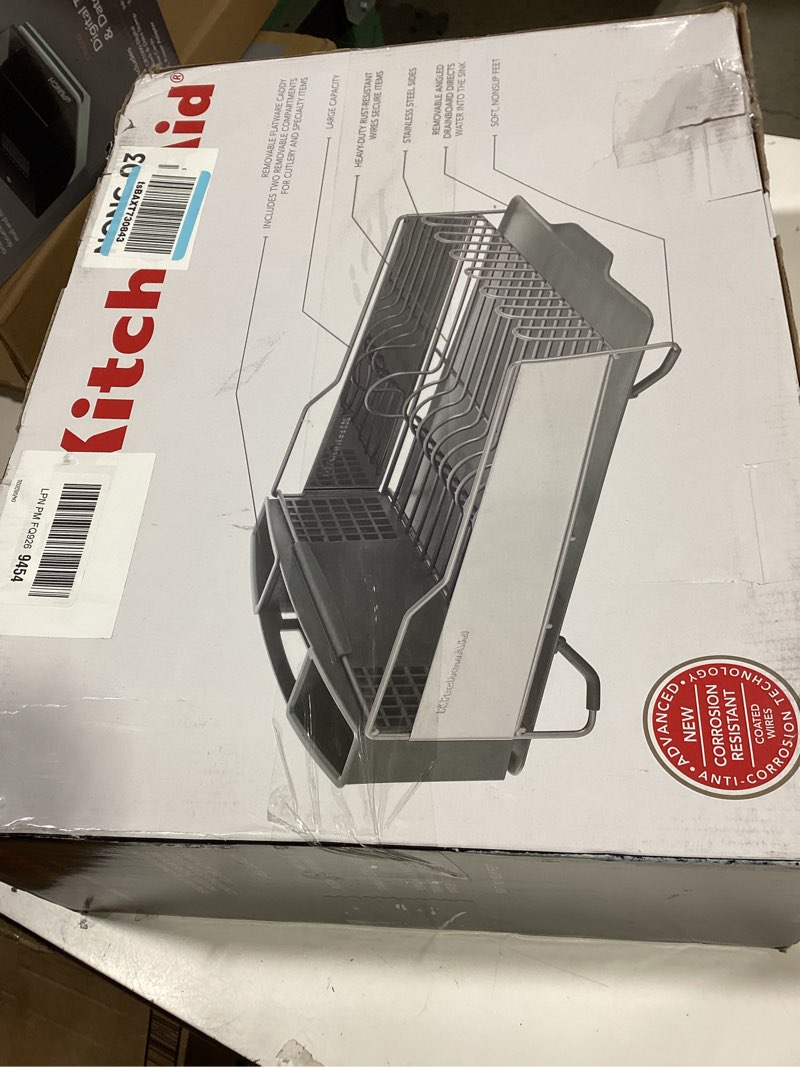 Condition photo showing Good Condition for kitchenaid large capacity full size rust resistant dish rack with angled drain board and removable flatware caddy, light grey gray full size
