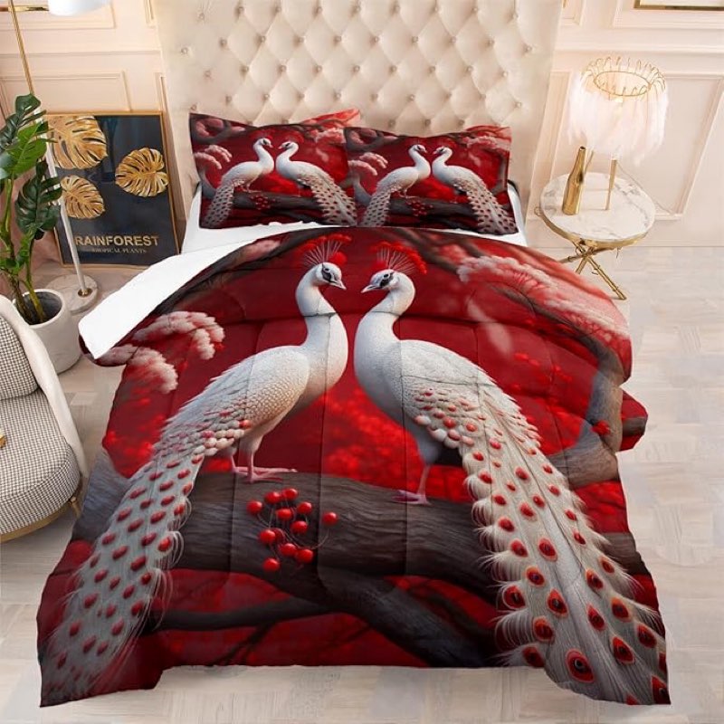AUCOOMA Comforter Set Queen size White Peacock Romance Comforter Set Multiple Colors Available