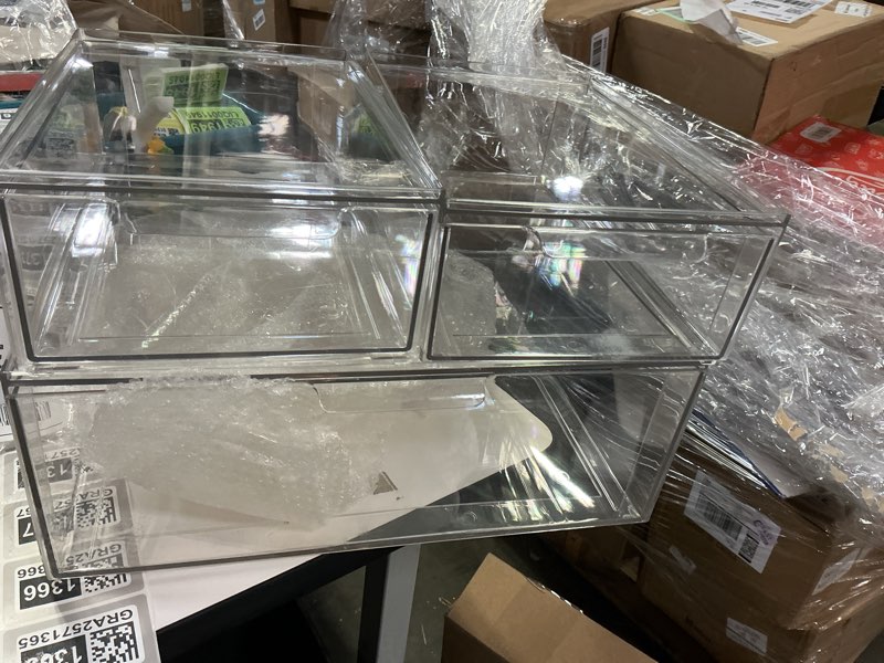 Condition photo showing Good Condition for mDesign Plastic Stackable Closet Storage Organizer Bin Containers with Front Pull Drawer for Cabinet, Desk, Shelf, Cupboard, or Dresser Organization - Lumiere Collection - Set of 3 - Clear