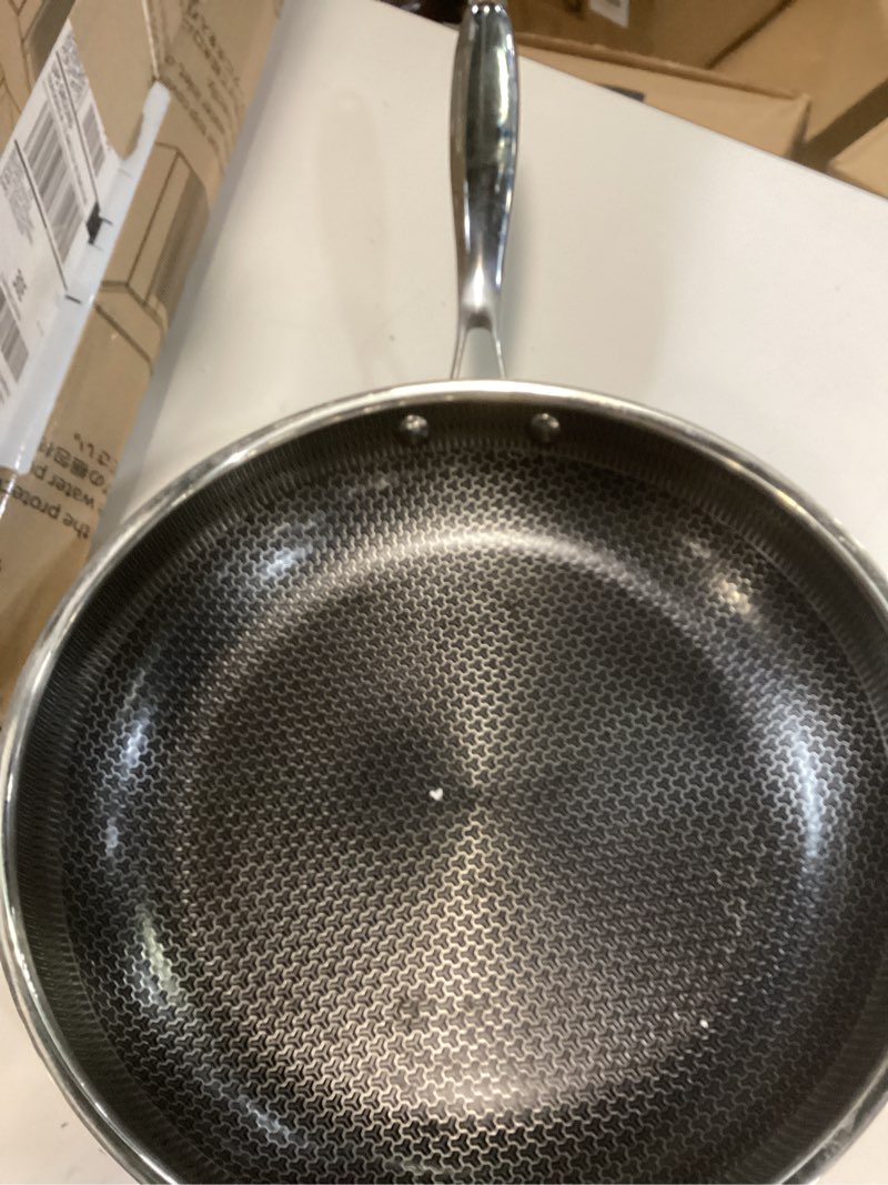 Condition photo showing As Is for 10 Inch Hybrid Non Stick Frying Pan Set Skillet Stainless Steel Skillet Chef's Pan with Matching Lid, PFOA-Free Non-Toxic Cookware, Dishwasher & Oven Safe, Induction Compatible All Cooktop Stainless Steel 10" W/Glass Lid